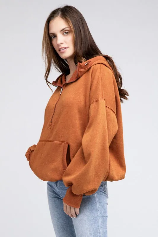 BiBi Stitch Detailed Elastic Hem Half Zip Fleece Hoodie