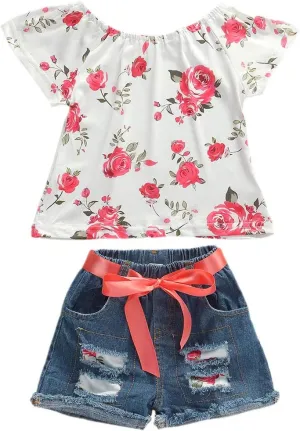 Bmnmsl Baby Toddler Girls Floral Short Sleeve Tops T-Shirt Vest & Denim Shorts Set Kids 1T 2T 3T 4T 5T Clothes Summer Outfits