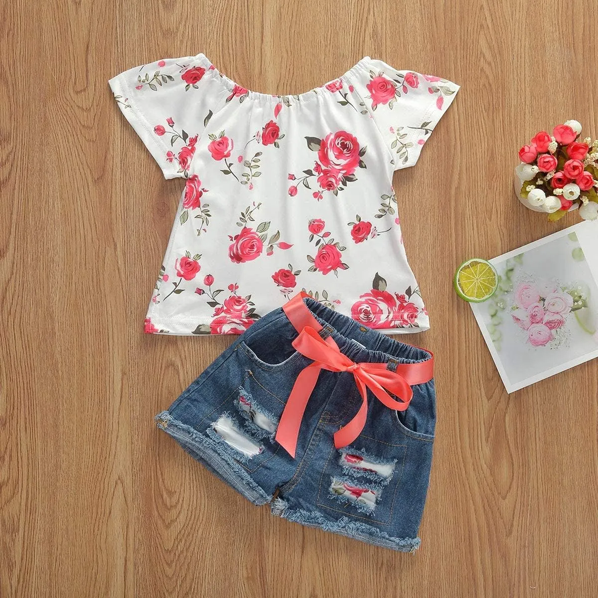 Bmnmsl Baby Toddler Girls Floral Short Sleeve Tops T-Shirt Vest & Denim Shorts Set Kids 1T 2T 3T 4T 5T Clothes Summer Outfits