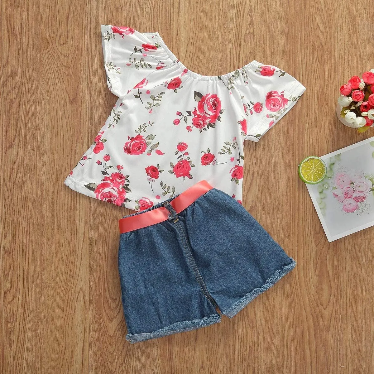 Bmnmsl Baby Toddler Girls Floral Short Sleeve Tops T-Shirt Vest & Denim Shorts Set Kids 1T 2T 3T 4T 5T Clothes Summer Outfits