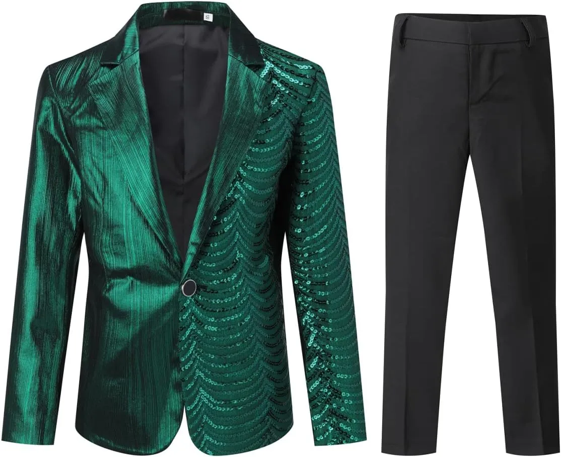 Boyland Boys 2 Pieces Suits Tuxedo Suit Shiny Sequins Peak Lapel Slim Fit Jacket Pants Party Performance