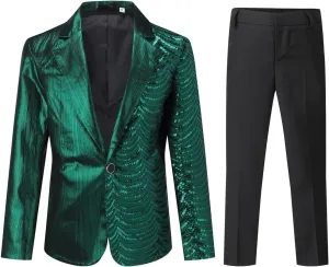 Boyland Boys 2 Pieces Suits Tuxedo Suit Shiny Sequins Peak Lapel Slim Fit Jacket Pants Party Performance
