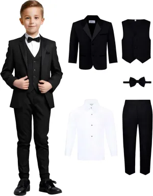 Boys' 5-Piece Tuxedo Set: Premium Formal Jacket, Pants, Shirt, Vest & Bow Tie