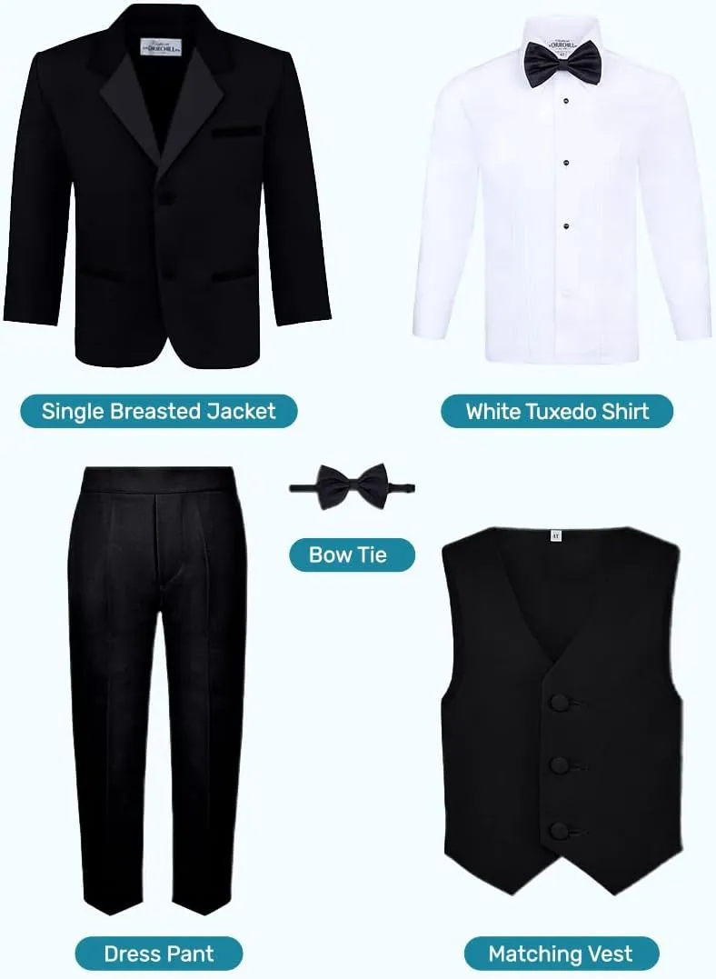 Boys' 5-Piece Tuxedo Set: Premium Formal Jacket, Pants, Shirt, Vest & Bow Tie