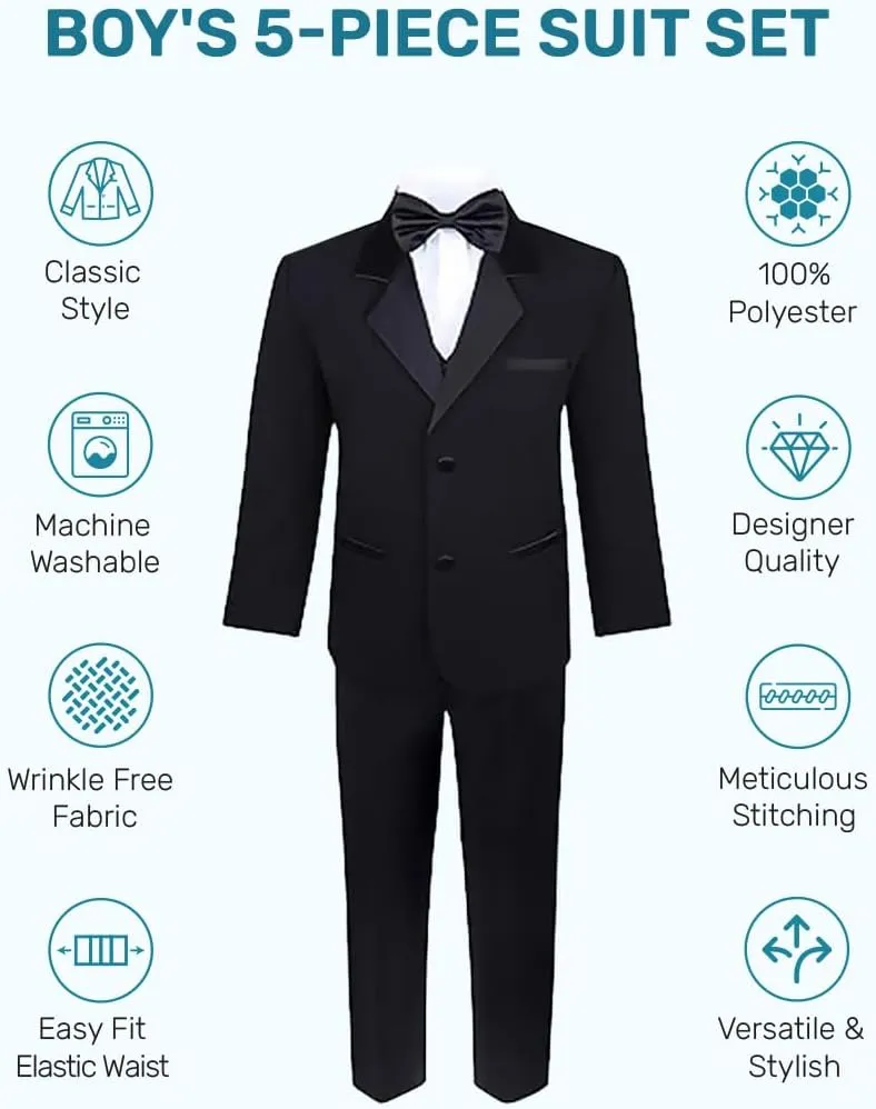 Boys' 5-Piece Tuxedo Set: Premium Formal Jacket, Pants, Shirt, Vest & Bow Tie