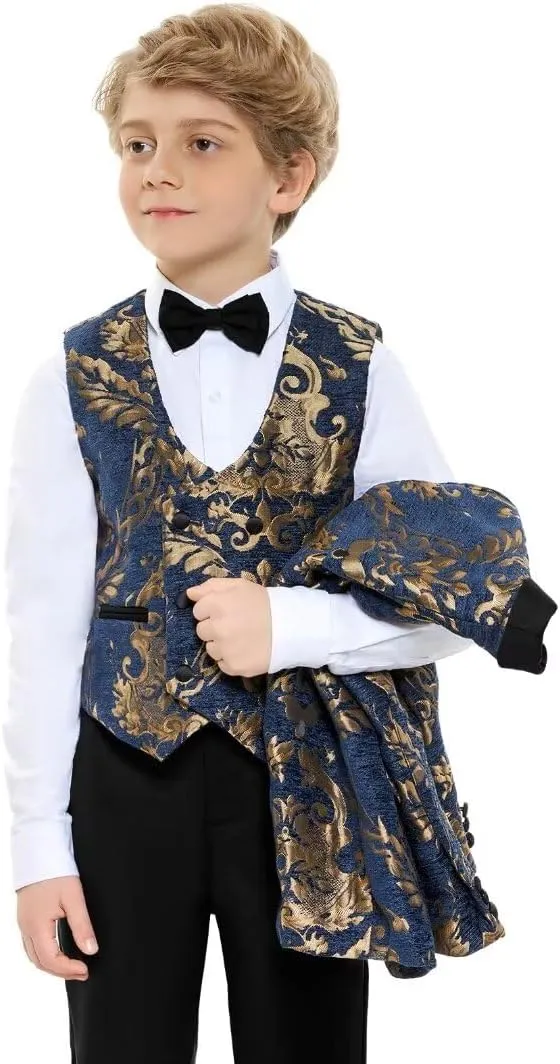 Boys Jacquard Suit 3 Pieces, Slim Fit Formal Suits for Boys, Kids Tuxedo Suits Jacket Vest and Pants