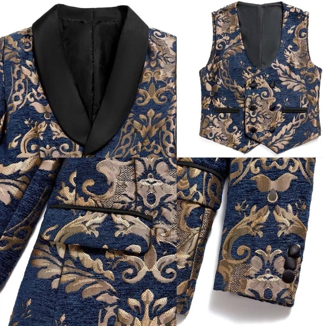 Boys Jacquard Suit 3 Pieces, Slim Fit Formal Suits for Boys, Kids Tuxedo Suits Jacket Vest and Pants