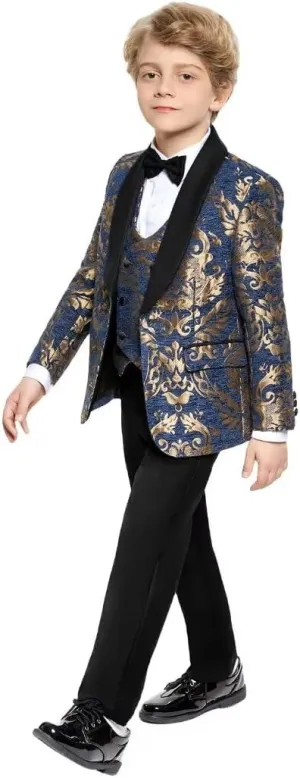 Boys Jacquard Suit 3 Pieces, Slim Fit Formal Suits for Boys, Kids Tuxedo Suits Jacket Vest and Pants