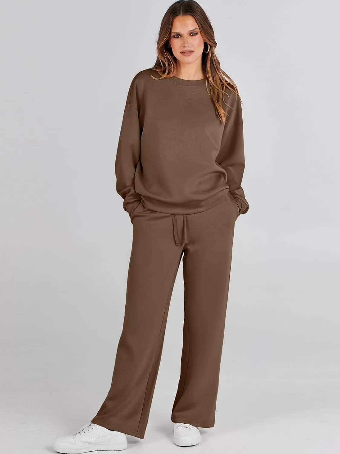 Caracilia Women's 2 Piece Outfits Sweatsuit Fall Crewneck Sweatshirts Wide Leg Pants Lounge Matching Sweat Sets Tracksuit