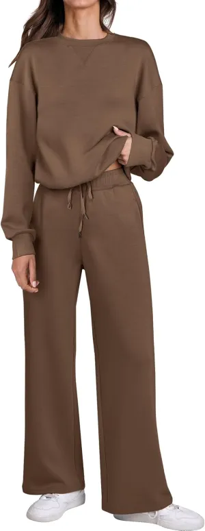 Caracilia Women's 2 Piece Outfits Sweatsuit Fall Crewneck Sweatshirts Wide Leg Pants Lounge Matching Sweat Sets Tracksuit