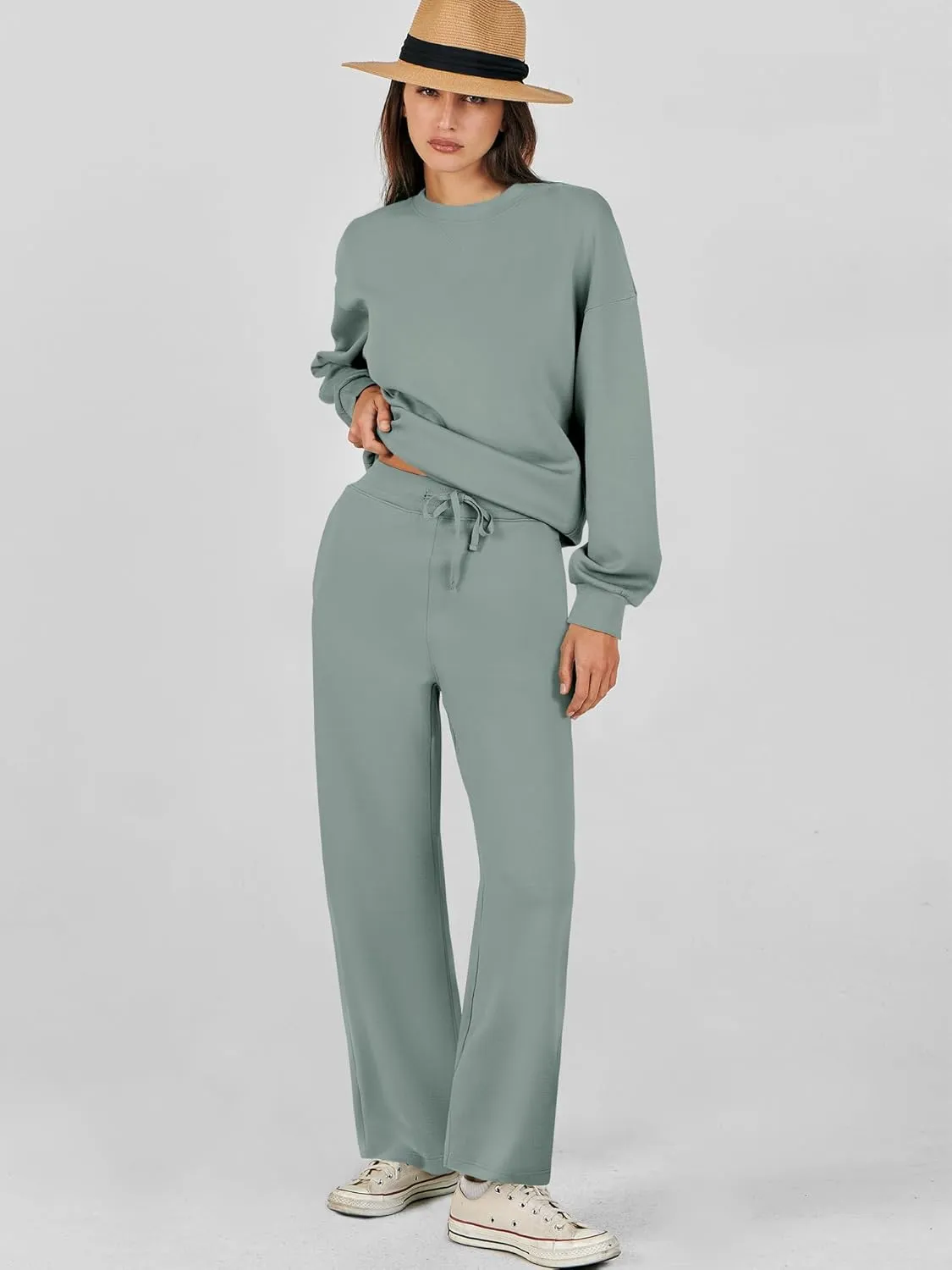 Caracilia Women's 2 Piece Outfits Sweatsuit Fall Crewneck Sweatshirts Wide Leg Pants Lounge Matching Sweat Sets Tracksuit