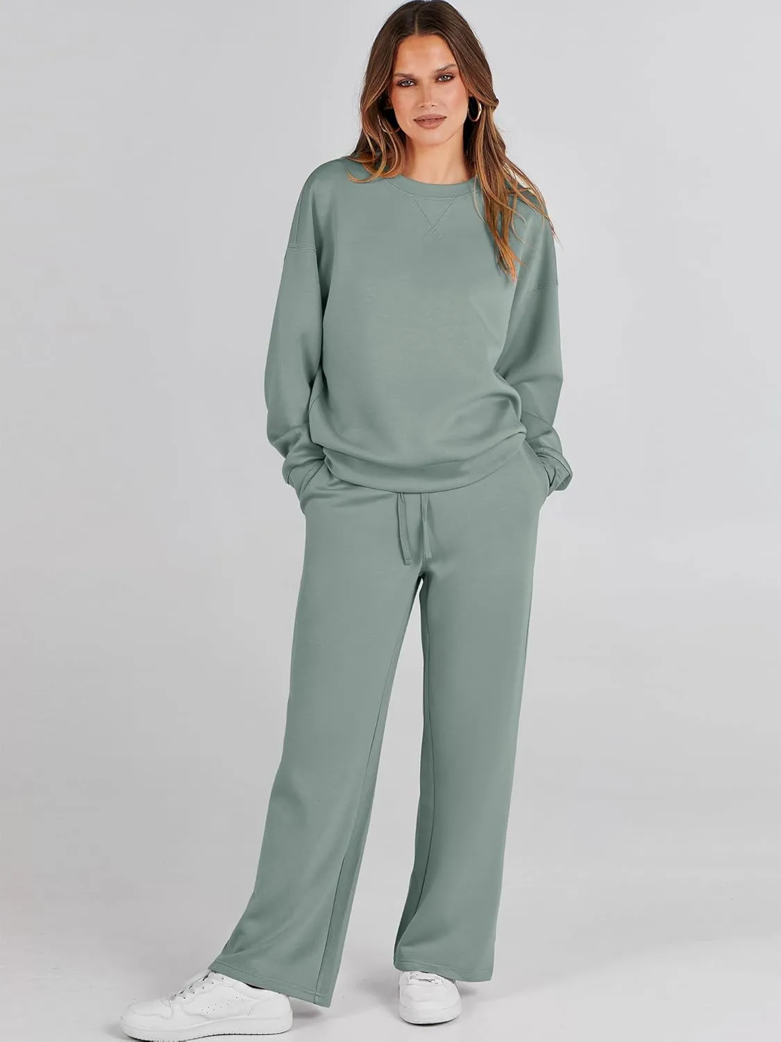 Caracilia Women's 2 Piece Outfits Sweatsuit Fall Crewneck Sweatshirts Wide Leg Pants Lounge Matching Sweat Sets Tracksuit