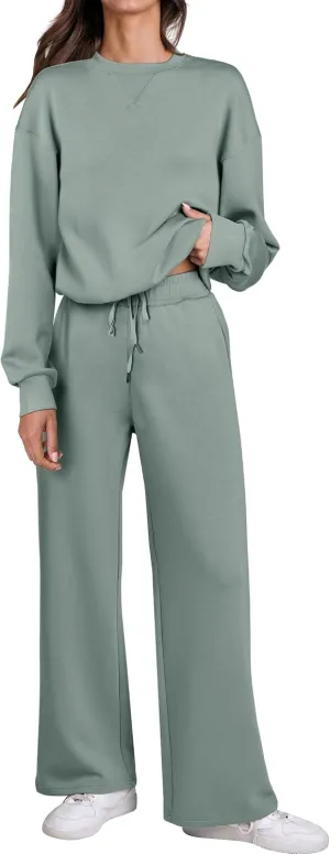 Caracilia Women's 2 Piece Outfits Sweatsuit Fall Crewneck Sweatshirts Wide Leg Pants Lounge Matching Sweat Sets Tracksuit