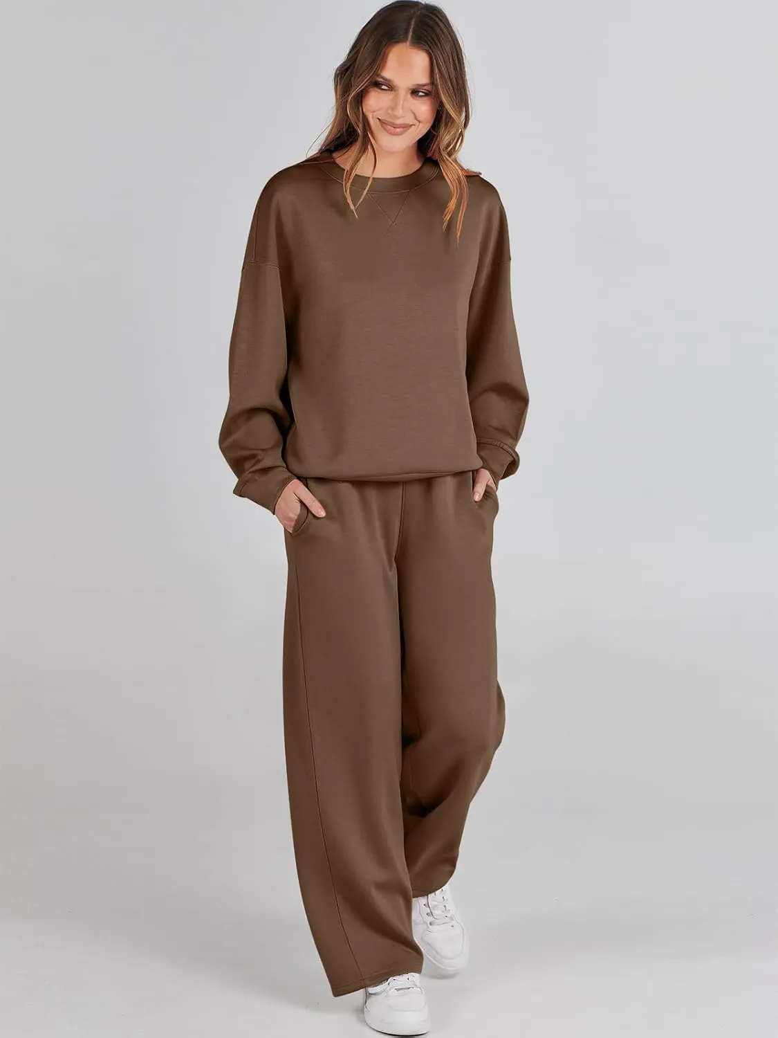 Caracilia Women's 2 Piece Outfits Sweatsuit Fall Crewneck Sweatshirts Wide Leg Pants Lounge Matching Sweat Sets Tracksuit