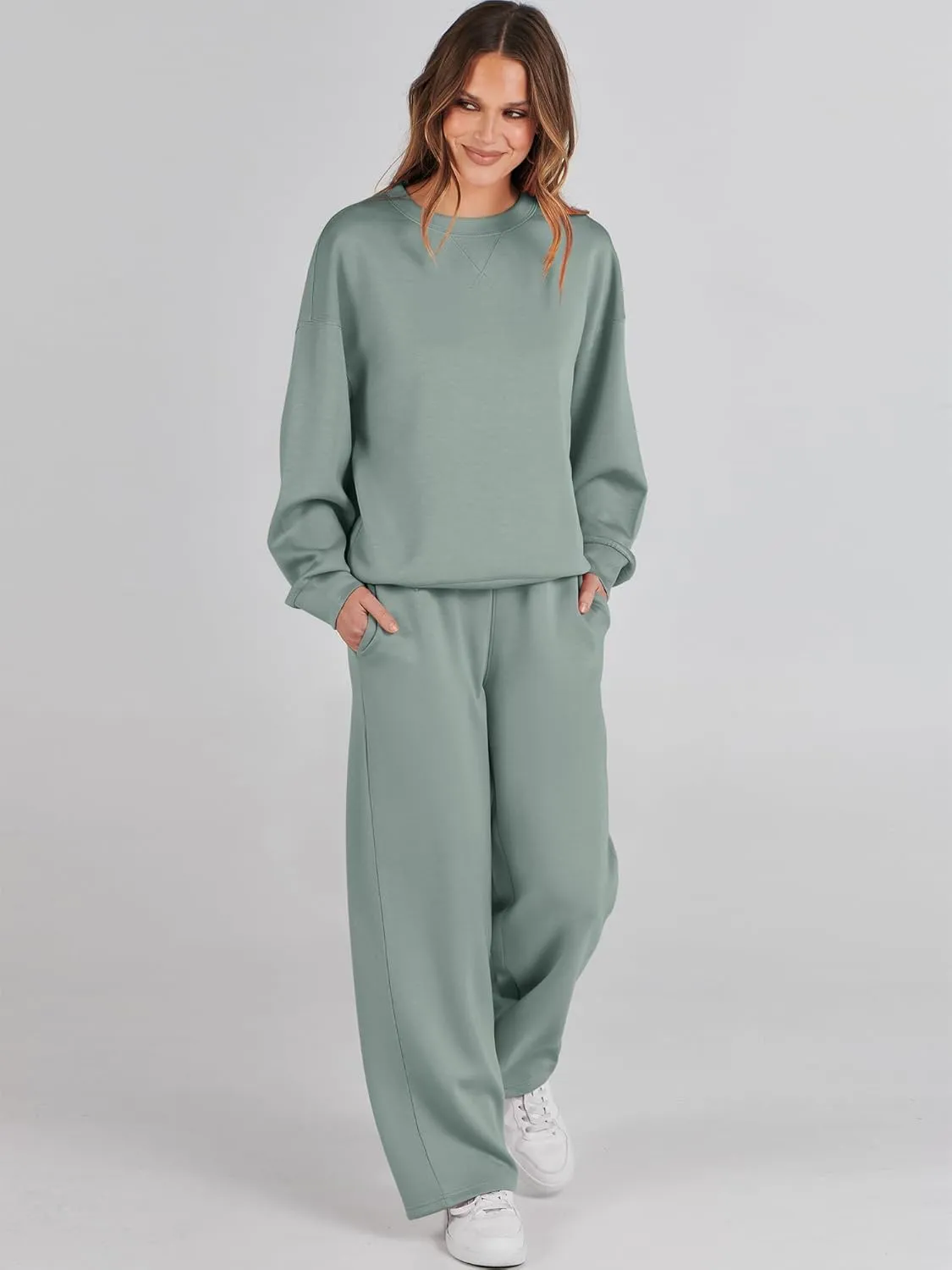Caracilia Women's 2 Piece Outfits Sweatsuit Fall Crewneck Sweatshirts Wide Leg Pants Lounge Matching Sweat Sets Tracksuit