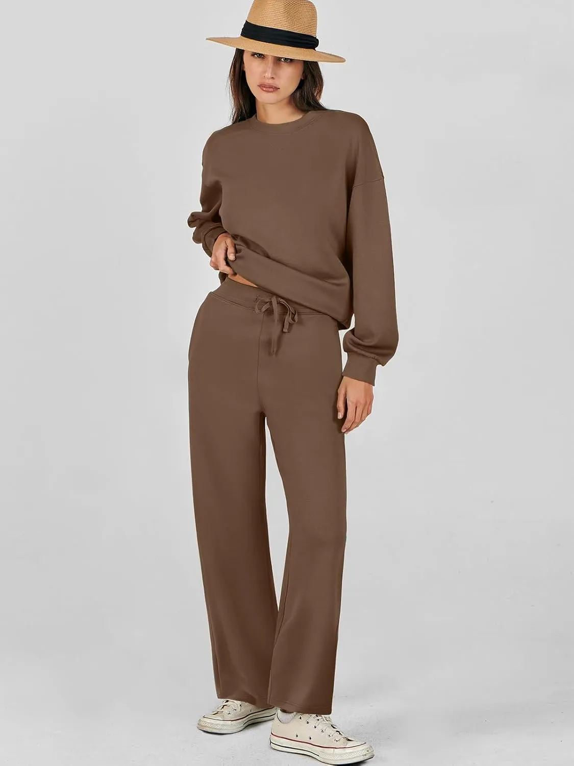 Caracilia Women's 2 Piece Outfits Sweatsuit Fall Crewneck Sweatshirts Wide Leg Pants Lounge Matching Sweat Sets Tracksuit
