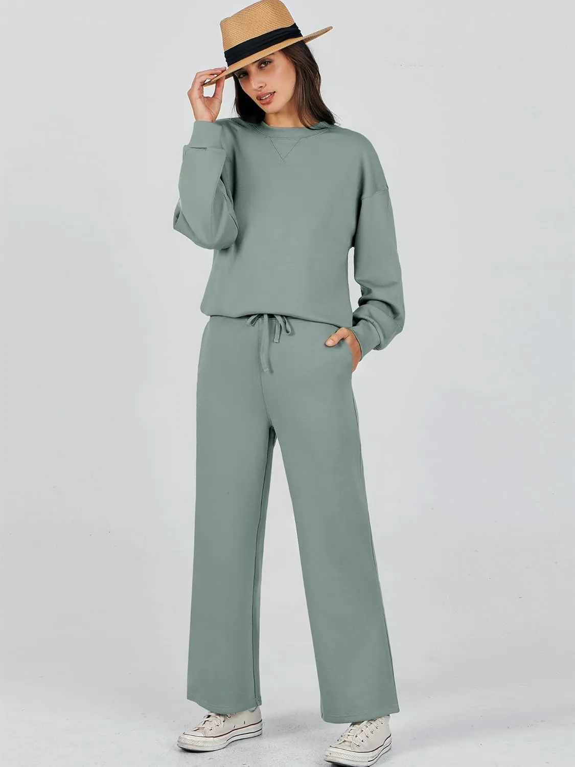 Caracilia Women's 2 Piece Outfits Sweatsuit Fall Crewneck Sweatshirts Wide Leg Pants Lounge Matching Sweat Sets Tracksuit