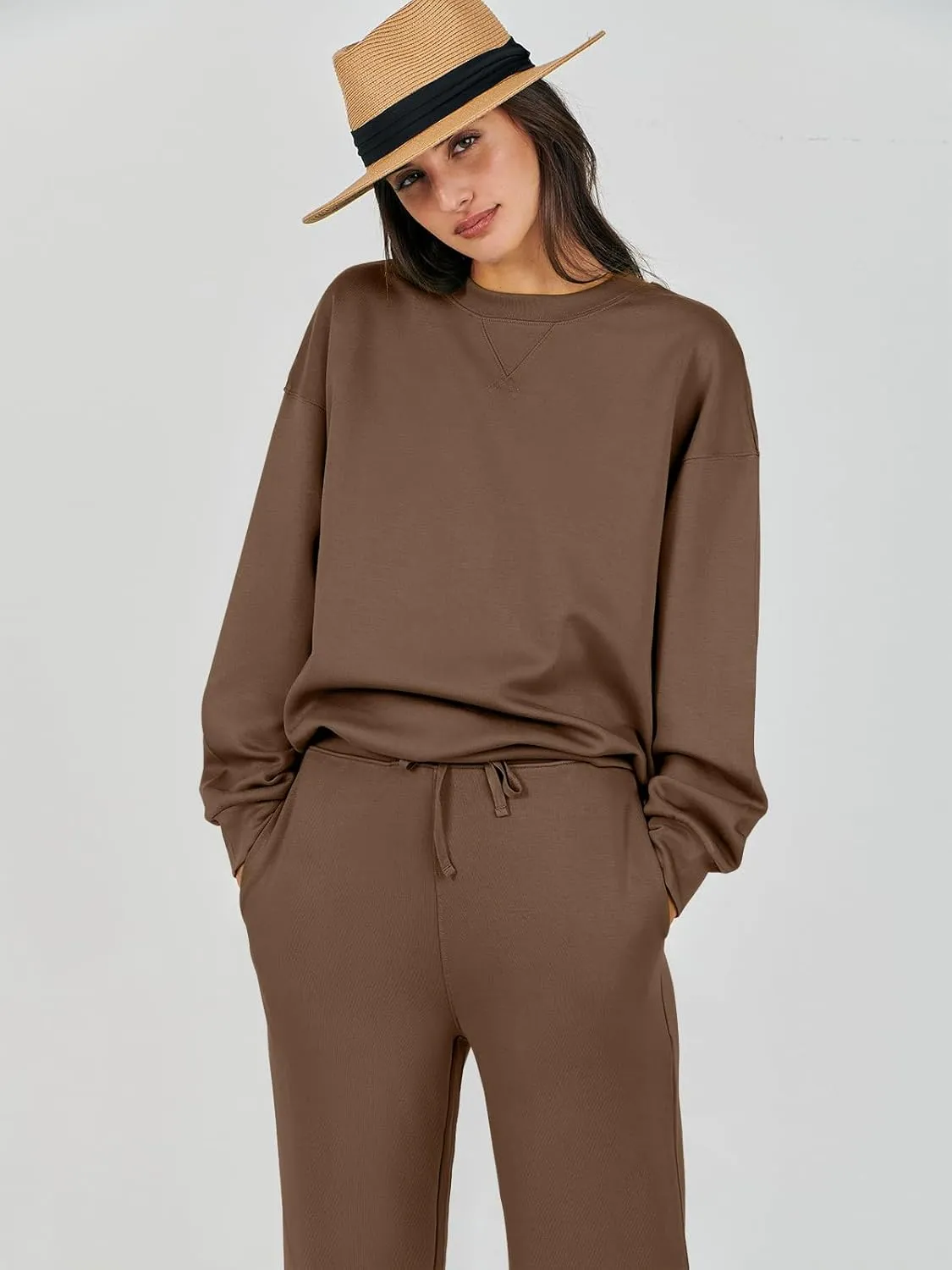 Caracilia Women's 2 Piece Outfits Sweatsuit Fall Crewneck Sweatshirts Wide Leg Pants Lounge Matching Sweat Sets Tracksuit