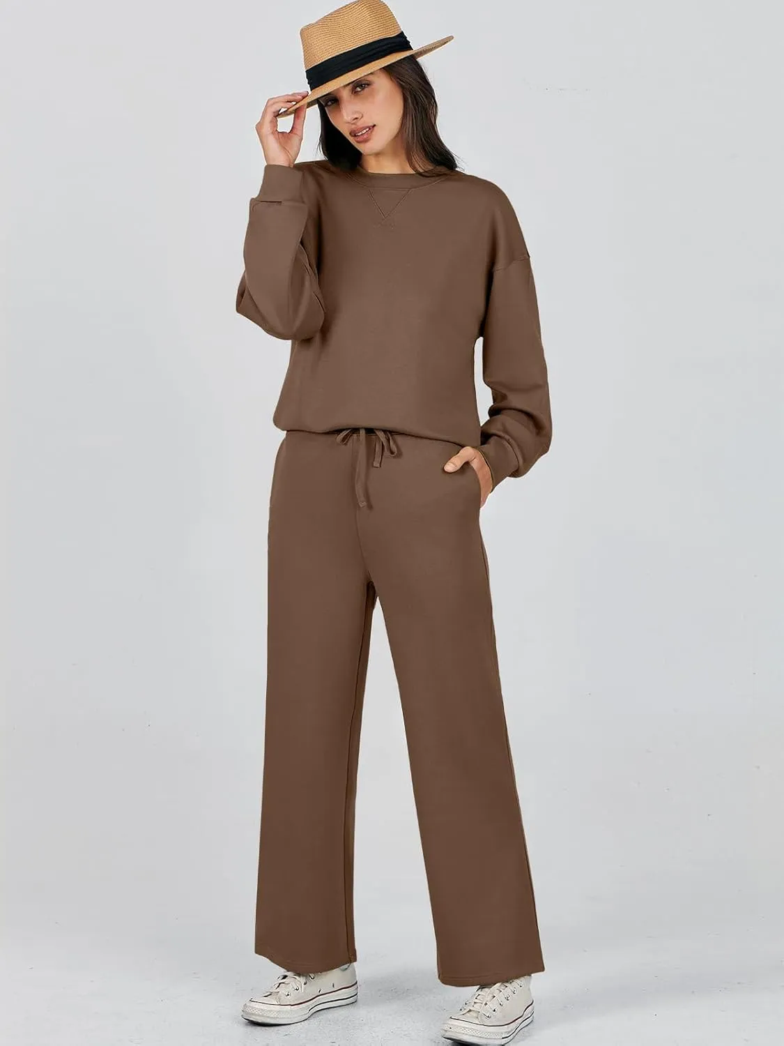 Caracilia Women's 2 Piece Outfits Sweatsuit Fall Crewneck Sweatshirts Wide Leg Pants Lounge Matching Sweat Sets Tracksuit