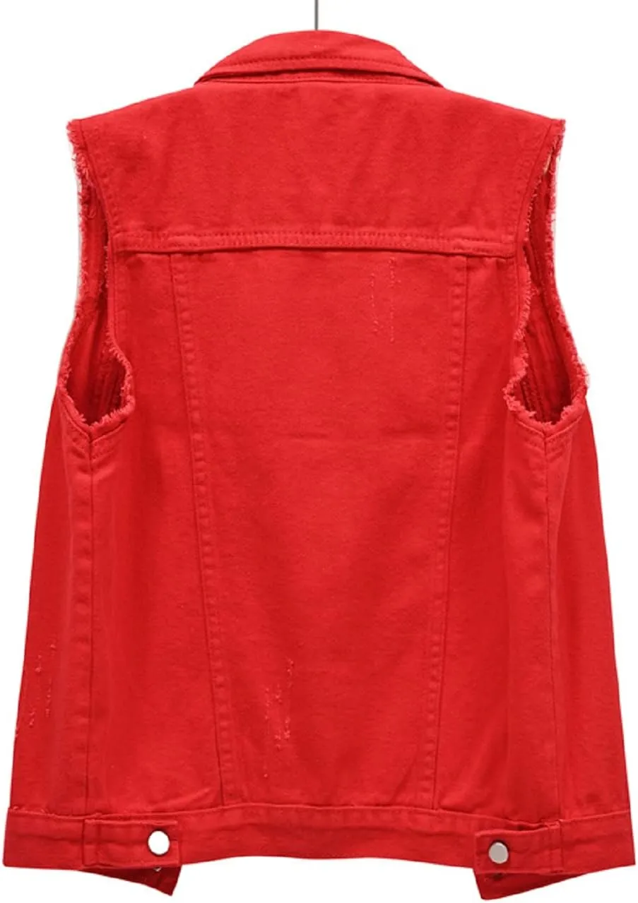 CHARTOU Women's Ripped Lapel Collar Button Up Sleeveless Frayed Denim Vest Jacket