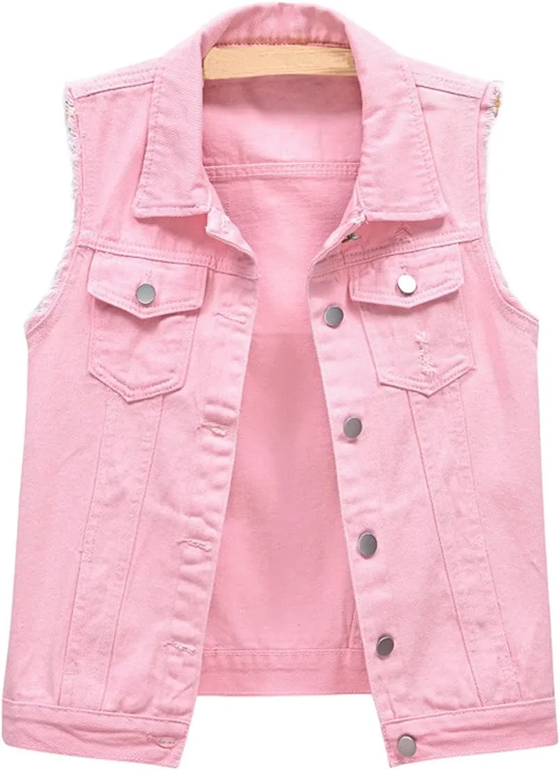 CHARTOU Women's Ripped Lapel Collar Button Up Sleeveless Frayed Denim Vest Jacket
