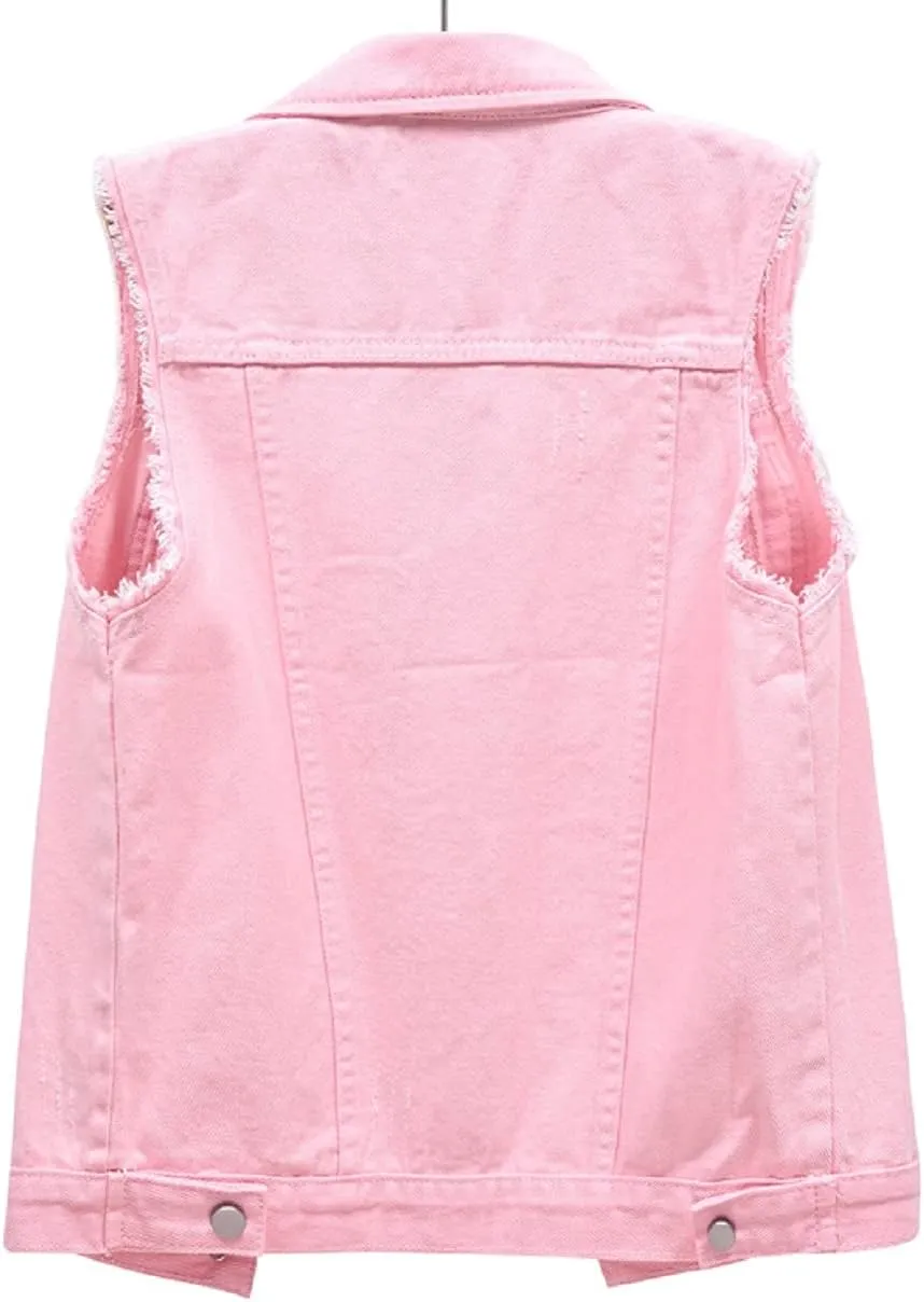 CHARTOU Women's Ripped Lapel Collar Button Up Sleeveless Frayed Denim Vest Jacket