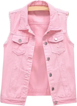 CHARTOU Women's Ripped Lapel Collar Button Up Sleeveless Frayed Denim Vest Jacket