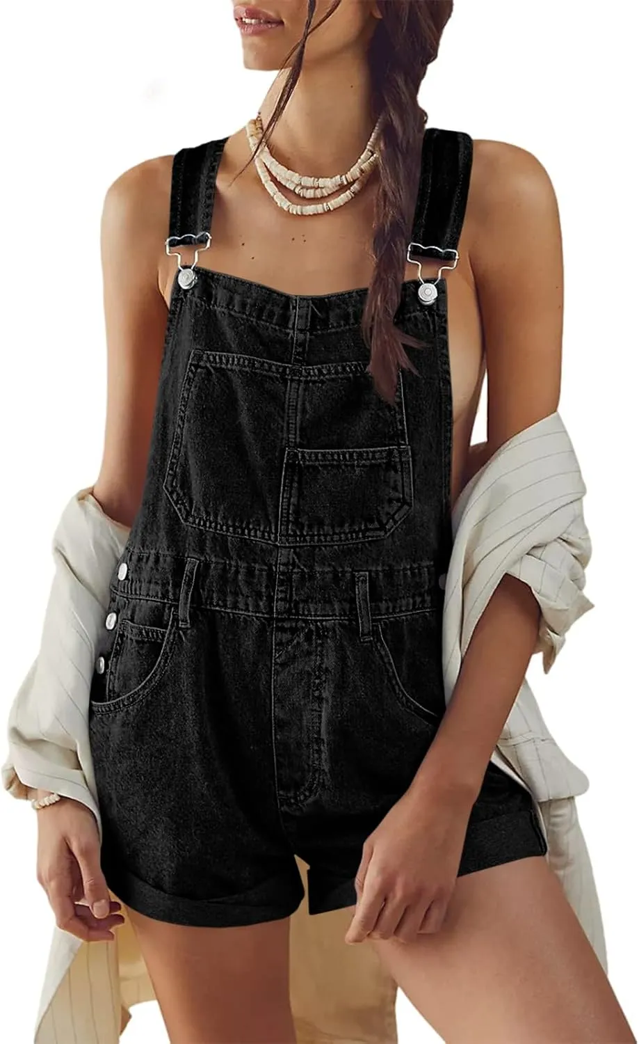 Cicy Bell Womens Denim Bib Overall Shorts Casual Classic Adjustable Straps Cuffed Hem Jean Shortalls Summer Outfits