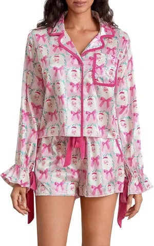 Cute Christmas Pajamas Set for Women Bow Tie Long Sleeve Shirt Ruffle Shorts 2 Piece Outfit Silk Satin Pjs Loungewear (Pink & Rose Red Santa Claus, M)