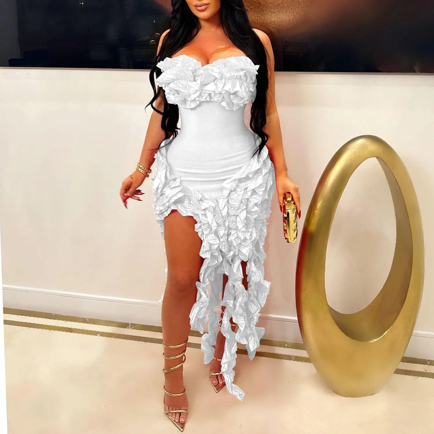 Dresses for Women Sexy Tight Mini Dress Fashion Ruffle Tassels Strapless Evening Prom Soild Gown 2025 New Clothes