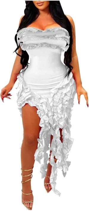 Dresses for Women Sexy Tight Mini Dress Fashion Ruffle Tassels Strapless Evening Prom Soild Gown 2025 New Clothes