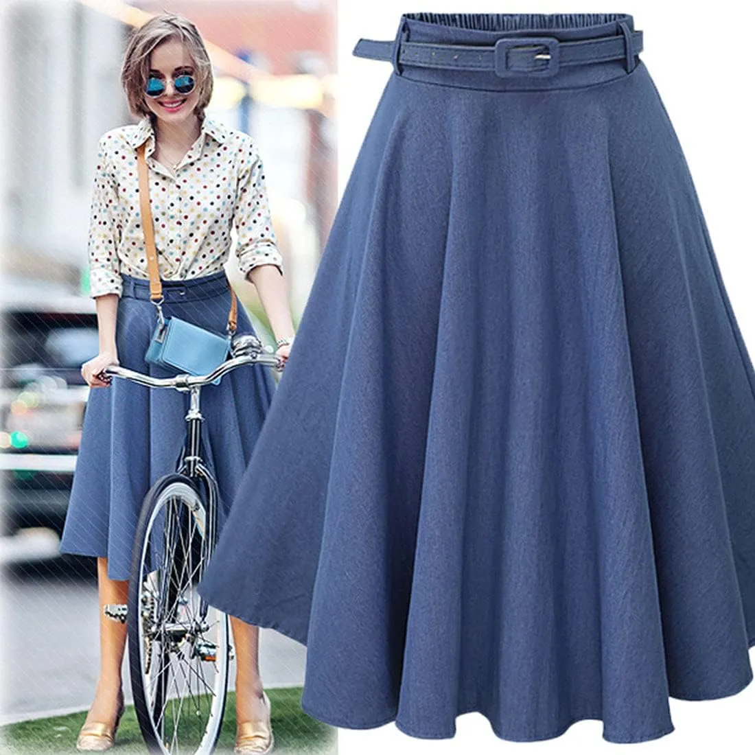 ebossy Womens High Waisted Pleated Plain Flowy Swing Flared Denim Midi Skirt with Belt
