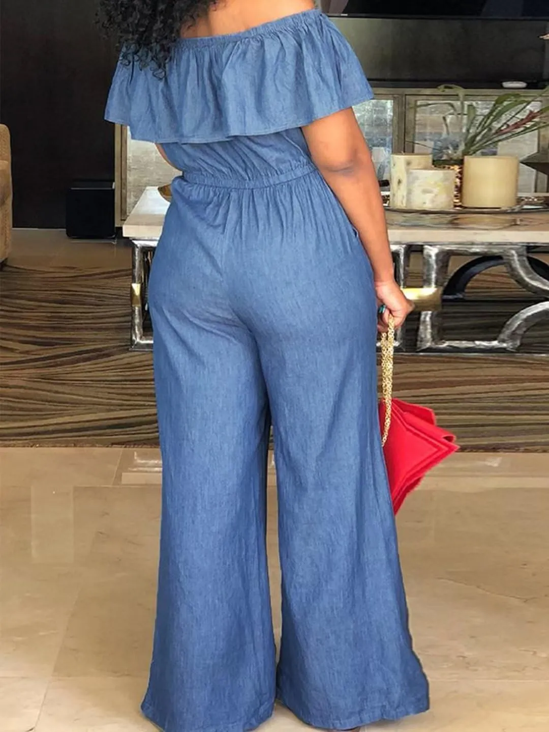Flamingals Sleeveless Denim-inspired Jumpsuit For Women Wide Leg Off Shoulder Dressy Pants Set