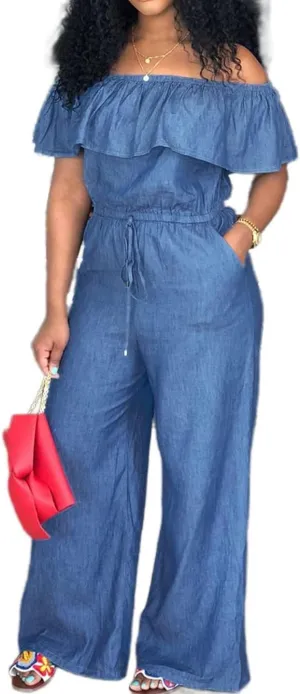 Flamingals Sleeveless Denim-inspired Jumpsuit For Women Wide Leg Off Shoulder Dressy Pants Set
