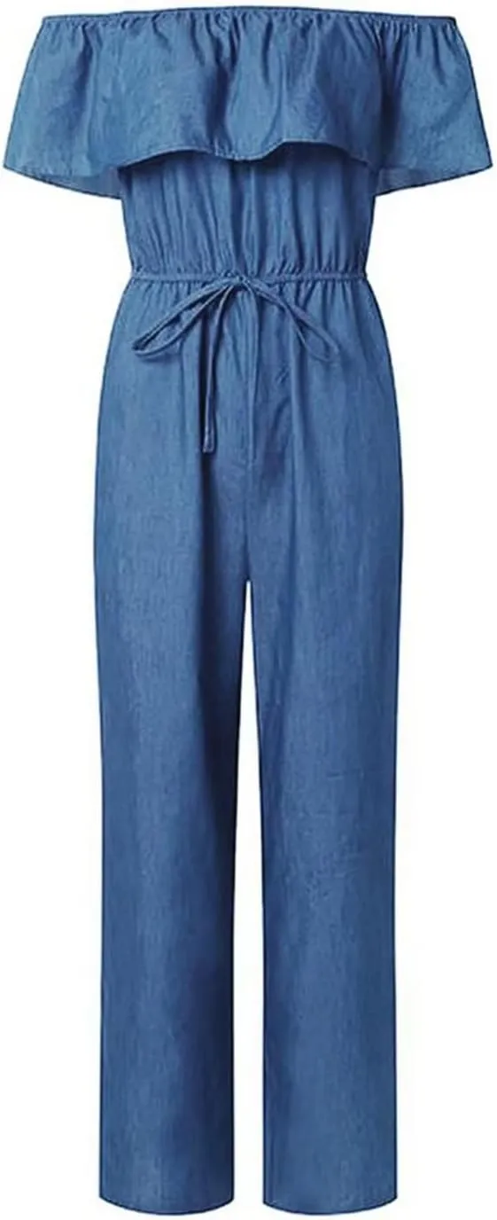 Flamingals Sleeveless Denim-inspired Jumpsuit For Women Wide Leg Off Shoulder Dressy Pants Set