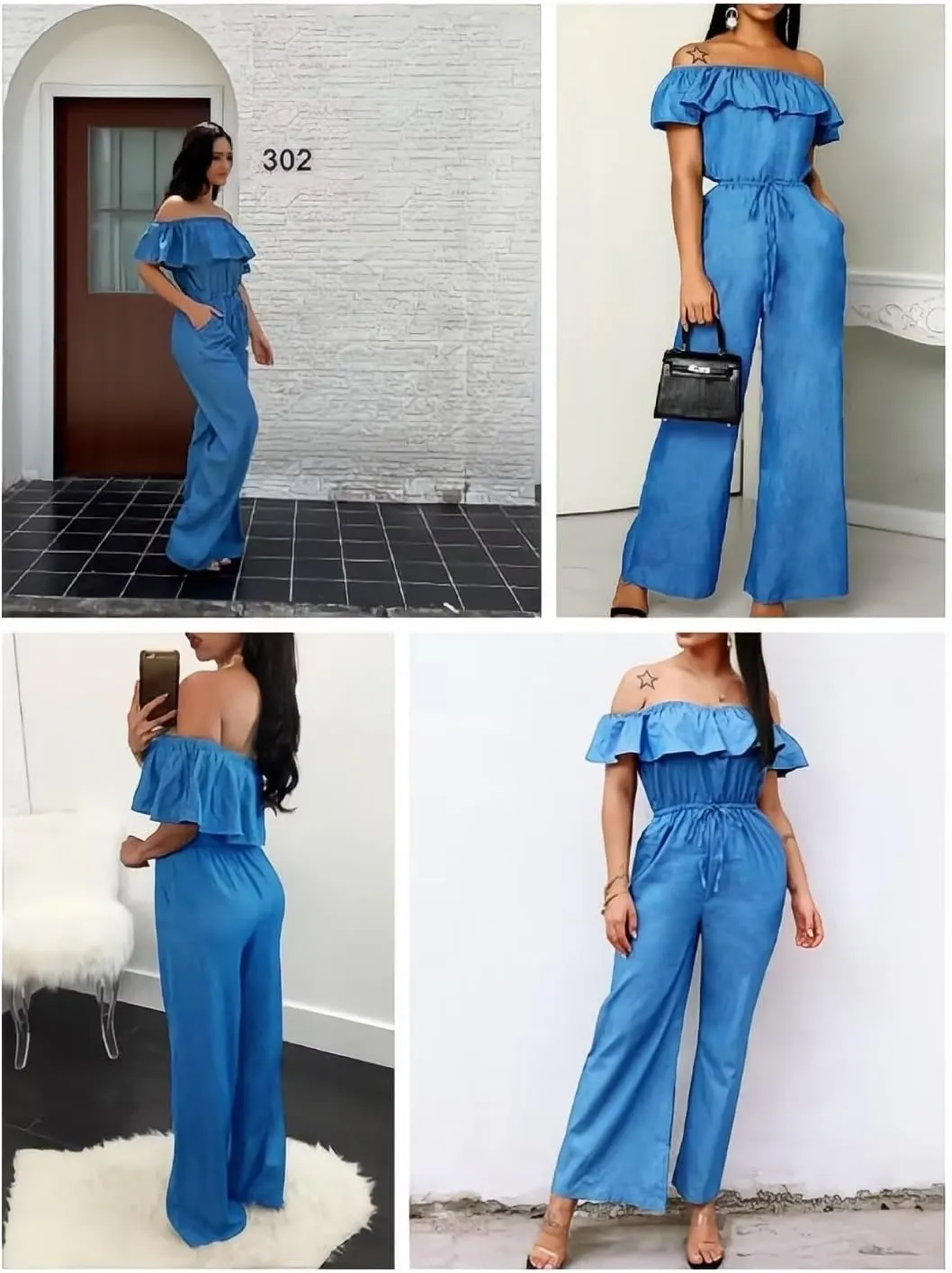 Flamingals Sleeveless Denim-inspired Jumpsuit For Women Wide Leg Off Shoulder Dressy Pants Set
