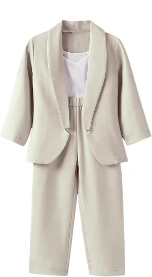 Floerns baby-girls 3 Piece Outfits Solid Cami Top and Shawl Collar Coat with Pants Blazer Sets