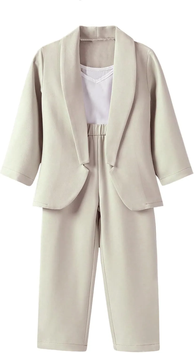 Floerns baby-girls 3 Piece Outfits Solid Cami Top and Shawl Collar Coat with Pants Blazer Sets