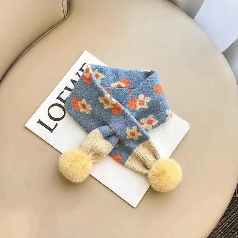 Floral Pom Pom Knit Cross Scarf