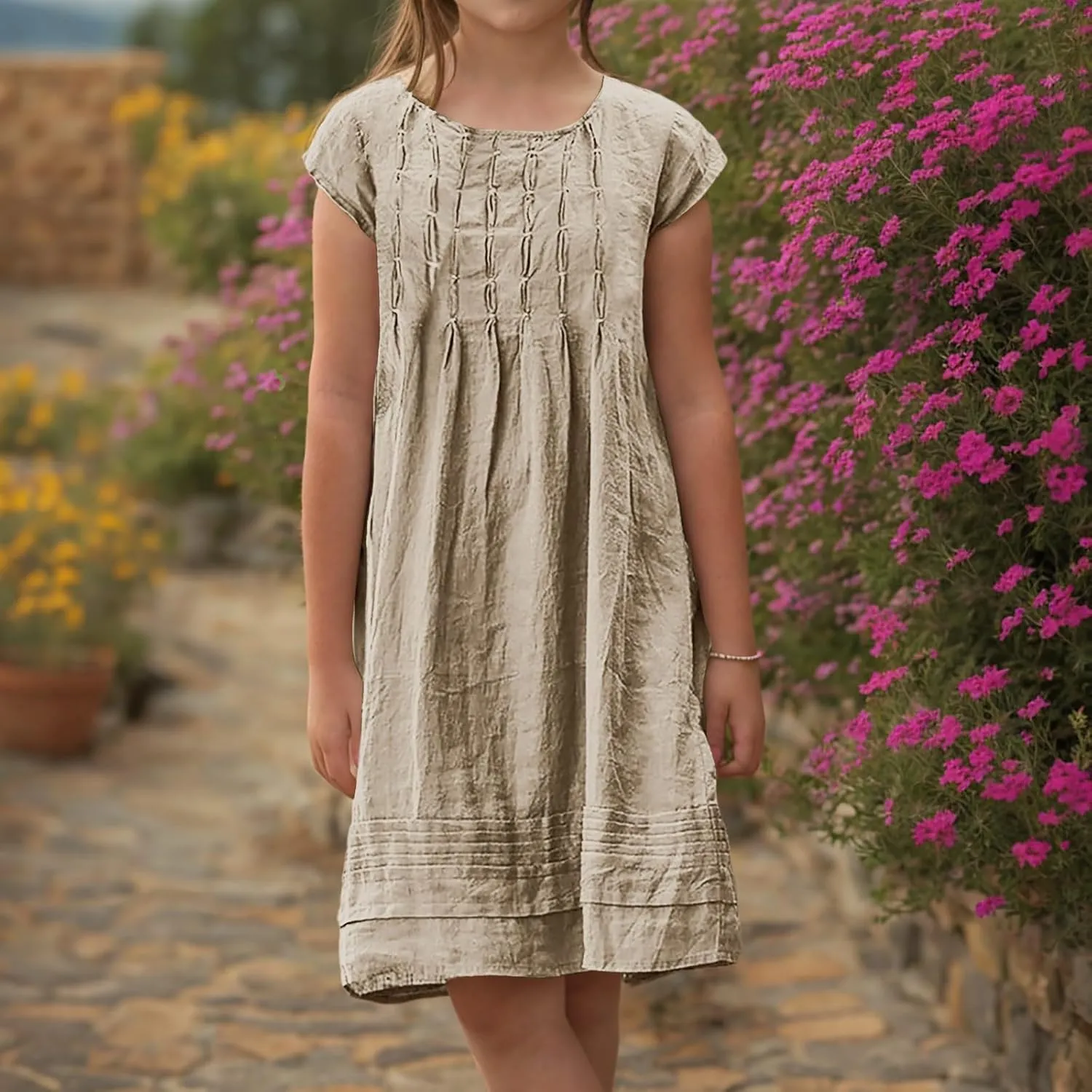 Girl's Cotton Linen Midi Dress Plus Size Cap Sleeve Pleated Summer Dresses Vacation 2025 Crew Neck Casual Dress