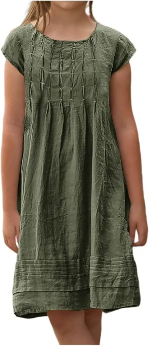 Girl's Cotton Linen Midi Dress Plus Size Cap Sleeve Pleated Summer Dresses Vacation 2025 Crew Neck Casual Dress