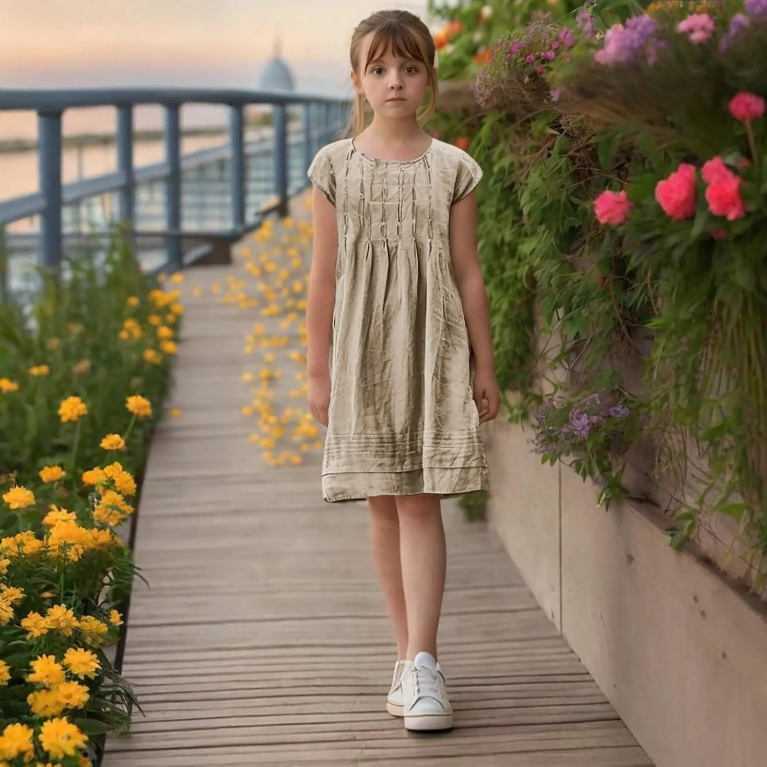 Girl's Cotton Linen Midi Dress Plus Size Cap Sleeve Pleated Summer Dresses Vacation 2025 Crew Neck Casual Dress