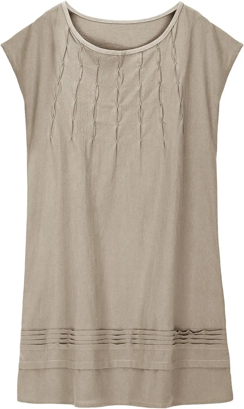 Girl's Cotton Linen Midi Dress Plus Size Cap Sleeve Pleated Summer Dresses Vacation 2025 Crew Neck Casual Dress
