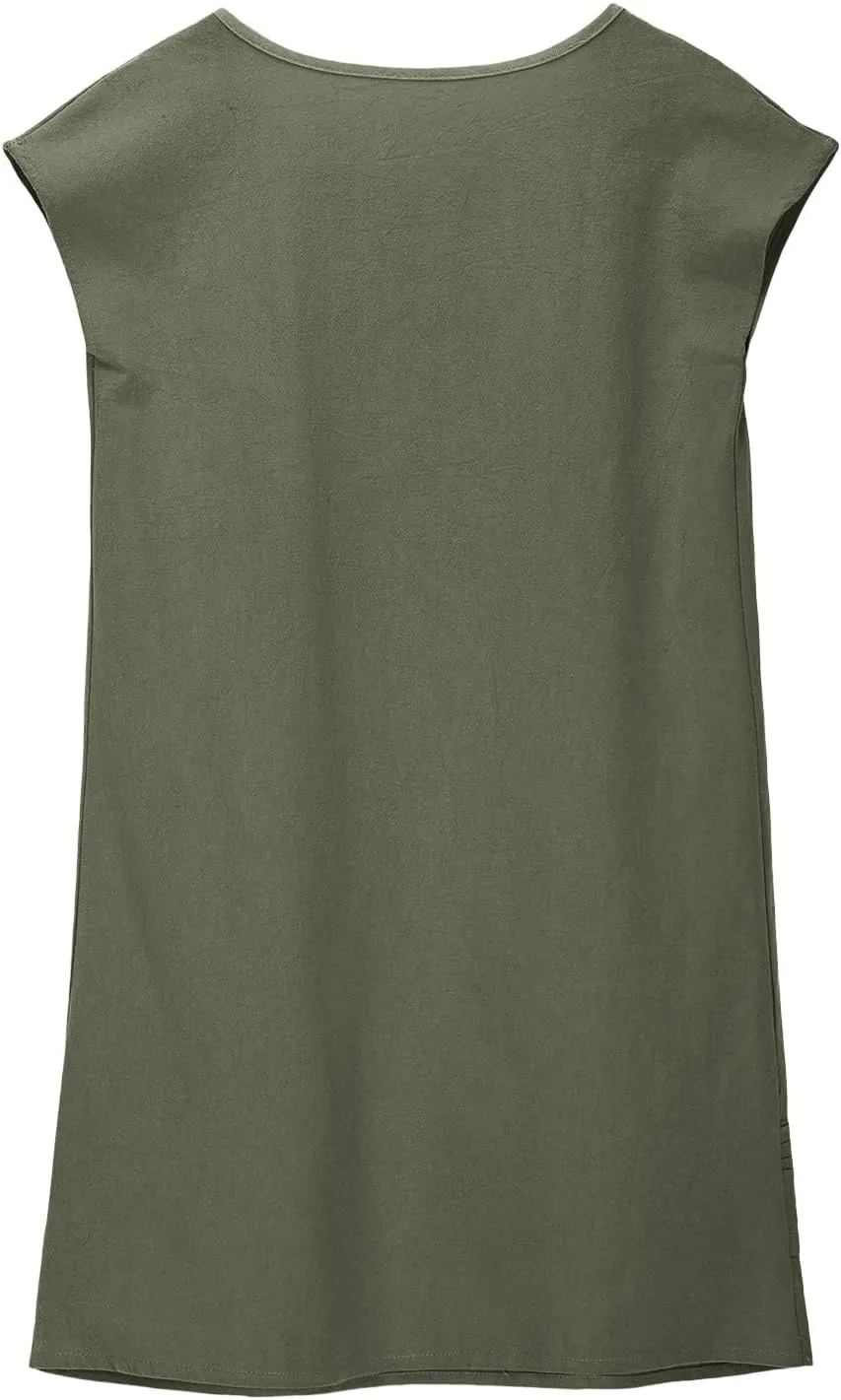 Girl's Cotton Linen Midi Dress Plus Size Cap Sleeve Pleated Summer Dresses Vacation 2025 Crew Neck Casual Dress