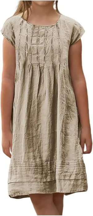 Girl's Cotton Linen Midi Dress Plus Size Cap Sleeve Pleated Summer Dresses Vacation 2025 Crew Neck Casual Dress