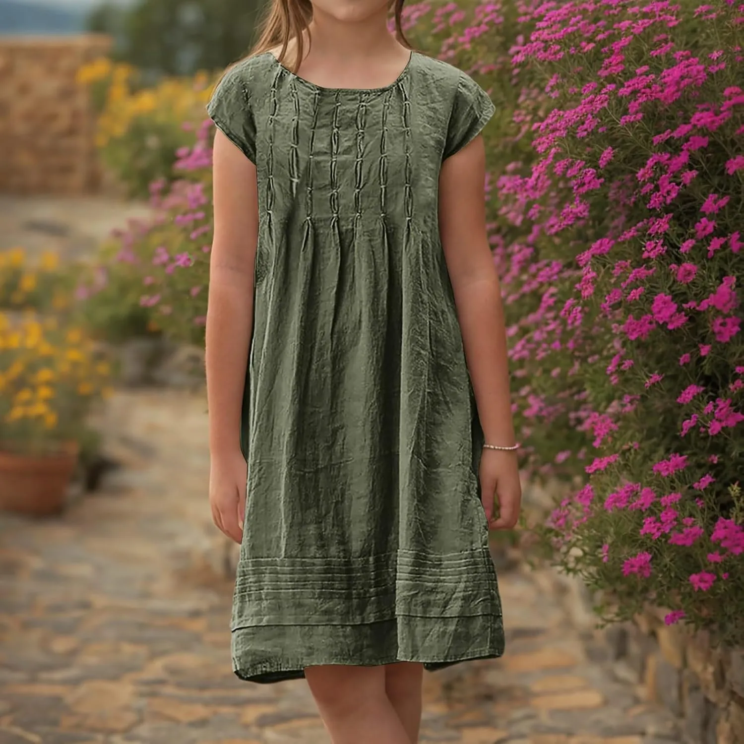Girl's Cotton Linen Midi Dress Plus Size Cap Sleeve Pleated Summer Dresses Vacation 2025 Crew Neck Casual Dress
