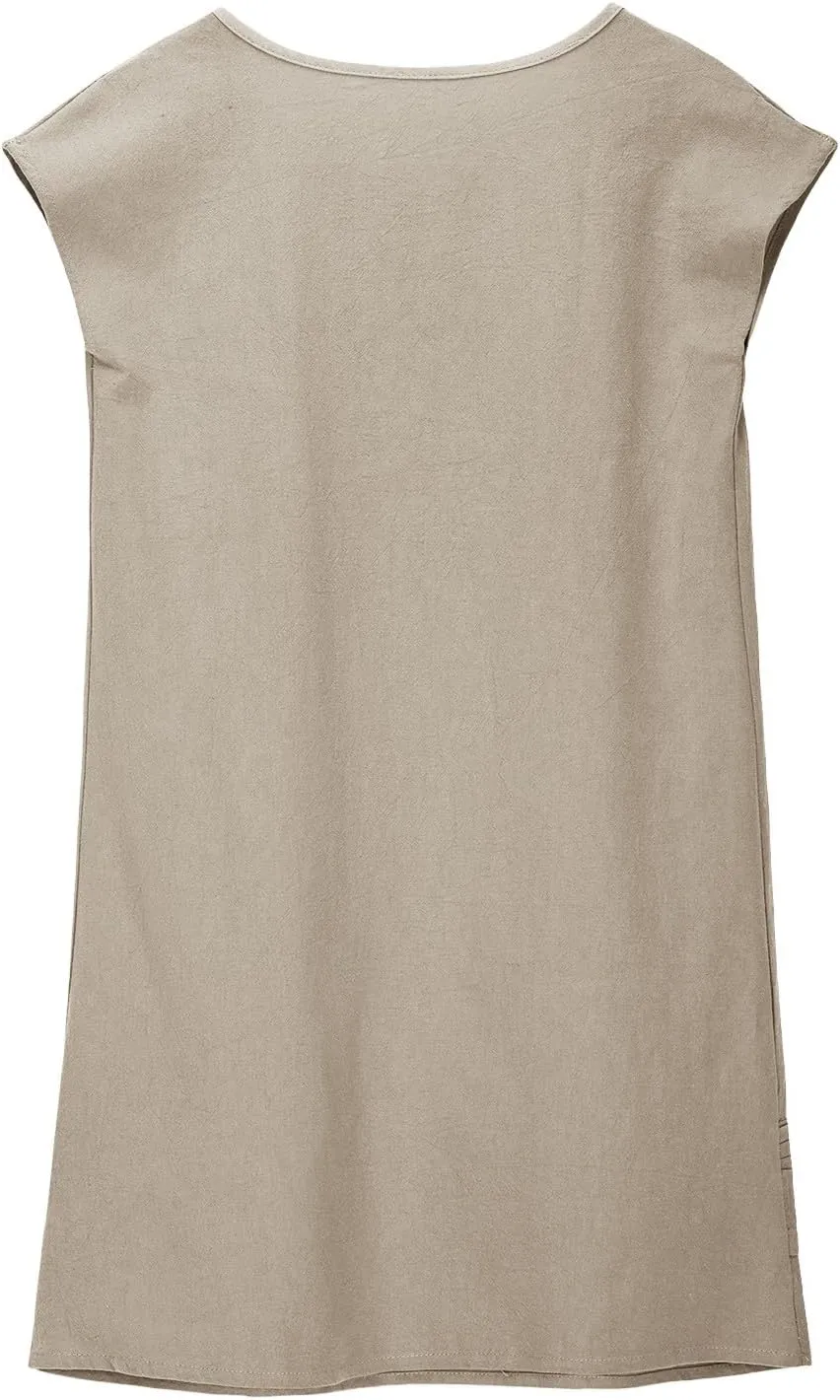 Girl's Cotton Linen Midi Dress Plus Size Cap Sleeve Pleated Summer Dresses Vacation 2025 Crew Neck Casual Dress