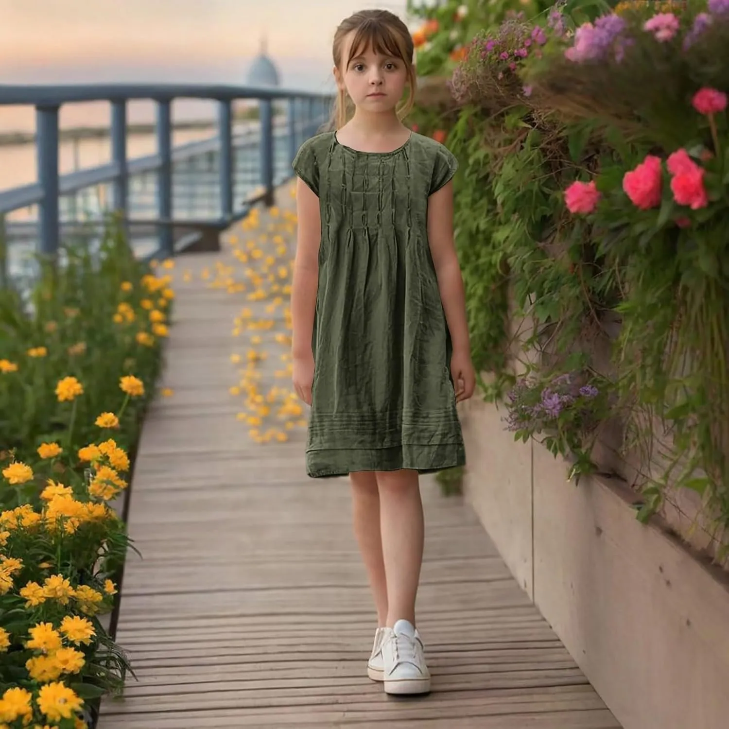 Girl's Cotton Linen Midi Dress Plus Size Cap Sleeve Pleated Summer Dresses Vacation 2025 Crew Neck Casual Dress