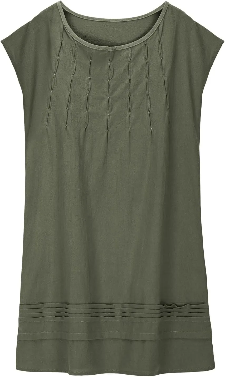 Girl's Cotton Linen Midi Dress Plus Size Cap Sleeve Pleated Summer Dresses Vacation 2025 Crew Neck Casual Dress