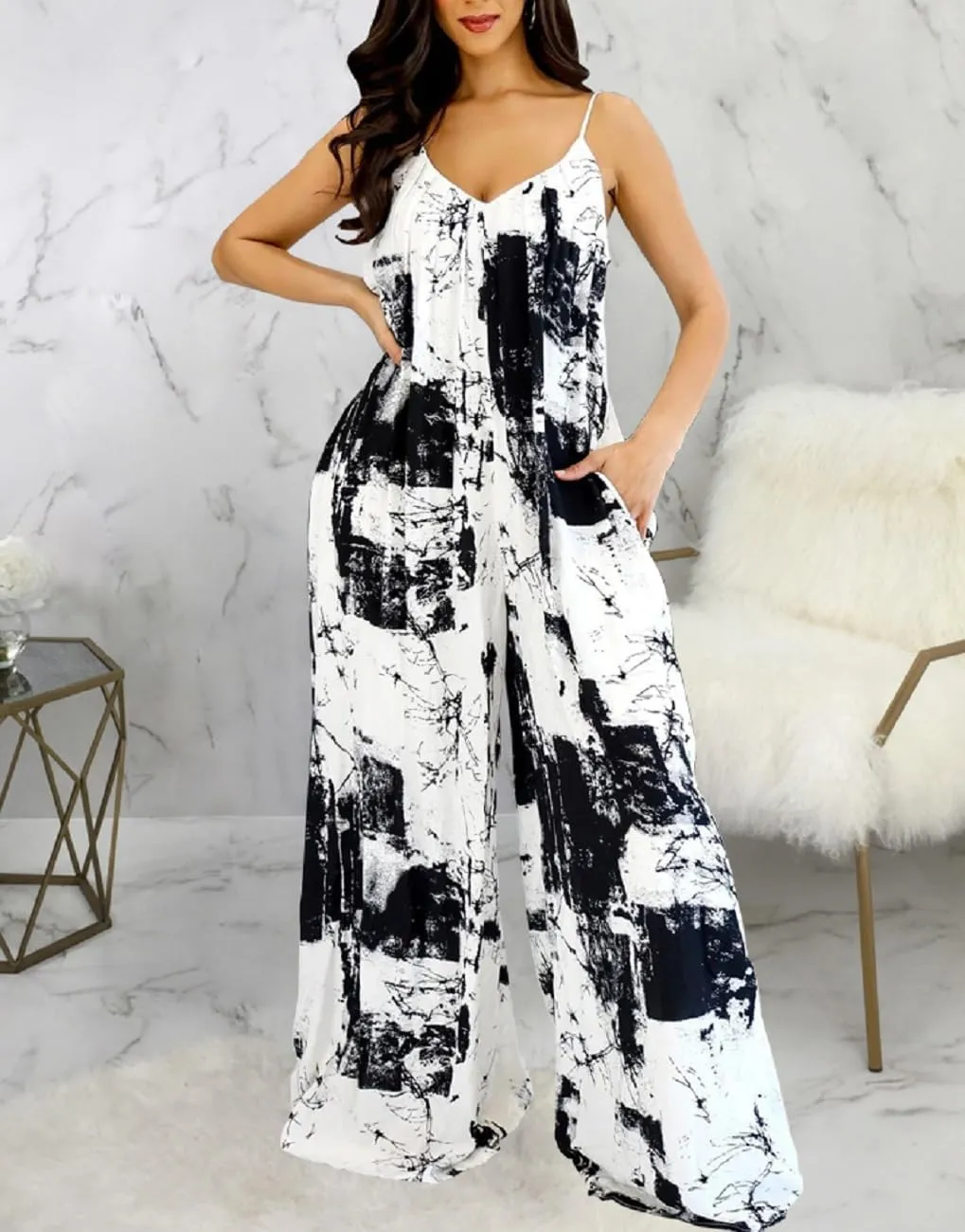 Glozeplus Sexy Jumpsuits for Women Dressy Wide Leg Floral Print Long Pants Sleeveless Rompers Jumpsuit with Pocket